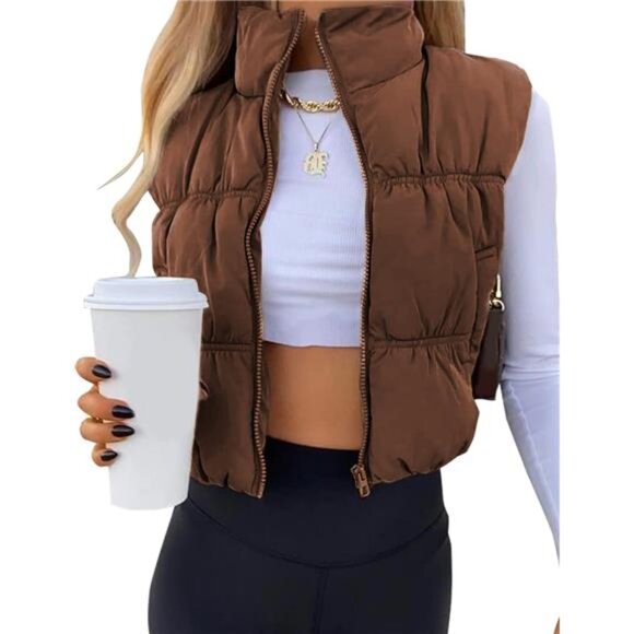 Womens Cropped Puffer Vest Zip Up Brown - Picture 1 of 6